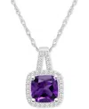 Macy's Amethyst (1-1/2 Ct. T.w.) & Diamond (1/6 Ct. T.w.) Cushion Halo 18" Pendant Necklace In Sterling Sil In Amethyst