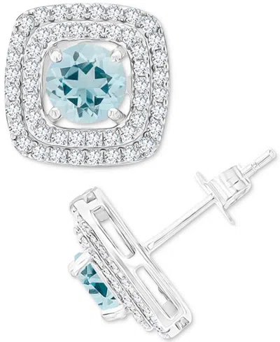 Macy's Gemstone & Lab-grown White Sapphire (5/8 Ct. T.w.) Square Halo Birthstone Stud Earrings In Sterling In Aquamarine