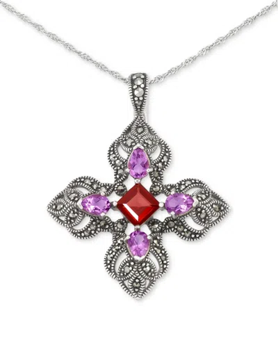 Macy's Amethyst (1-1/3 Ct. T.w.), Garnet (1-5/8 Ct. T.w.), & Marcasite (5/8 Ct. T.w.) Filigree Cross 18" Pe In Multi-gemstone