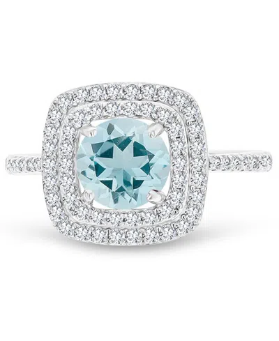 Macy's Amethyst (1-1/5 Ct. T.w.) & Lab-grown White Sapphire (1/2 Ct. T.w.) Square Halo Birthstone Ring In S In Aquamarine