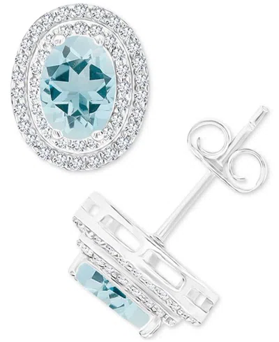 Macy's Amethyst (1-3/8 Ct. T.w.) & Lab Grown White Sapphire (1/2 Ct. T.w.) Oval Halo Birthstone Stud Earrin In Aquamarine