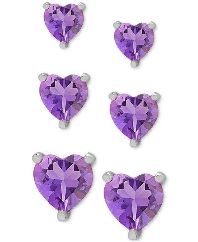 Macy's Amethyst (1-3/8 Ct. T.w.) Graduated Heart 3-pc. Set Stud Earrings In Sterling Silver