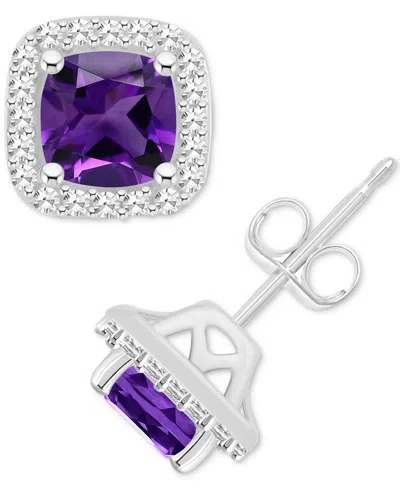 Macy's Amethyst (1 Ct. T.w.) & Diamond (1/5 Ct. T.w.) Cushion Halo Stud Earrings In Sterling Silver (also I