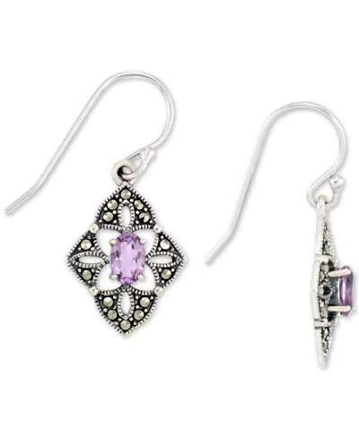 Macy's Amethyst (1/2 Ct. T.w.) & Marcasite Flower Drop Earrings In Sterling Silver In Marcasite  Amethyst