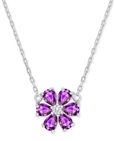 Macy's Amethyst (1/3 Ct. T.w.) & Lab Grown White Sapphire Accent Flower 18" Necklace In Sterling Silver