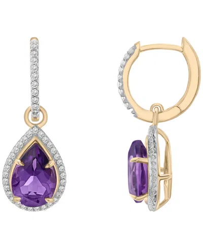 Macy's Amethyst (2-1/2 Ct. T.w.) And Diamond (1/4ct. T.w.) Drop Hoop Earrings In 14k Yellow Gold