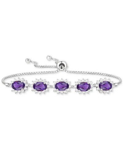 Macy's Amethyst (2 Ct. T.w.) & Lab-grown White Sapphire (3/4 Ct. T.w.) Halo Five Stone Bolo Bracelet In Ste