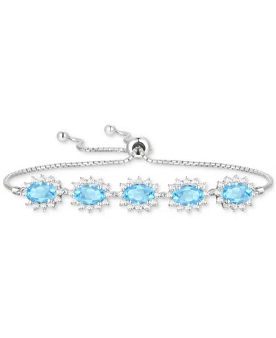 Macy's Amethyst (2 Ct. T.w.) & Lab-grown White Sapphire (3/4 Ct. T.w.) Halo Five Stone Bolo Bracelet In Ste In Blue Topaz