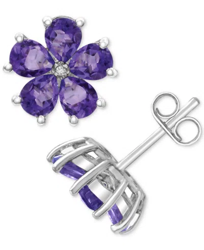 Macy's Amethyst (3-1/3 Ct. T.w.) & Diamond Accent Flower Stud Earrings In Sterling Silver (also In Rhodolit