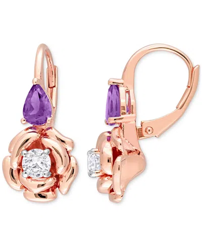 Macy's Amethyst (3/4 Ct. T.w.) & White Topaz (5/8 Ct. T.w.) Rose Leverback Earrings In Rose-plated Sterling