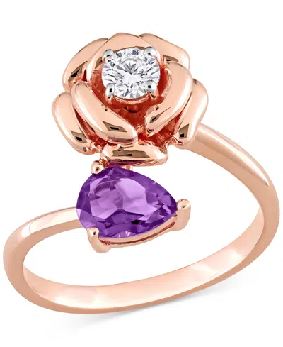 Macy's Amethyst (5/8 Ct. T.w.) & White Topaz (1/3 Ct. T.w.) Rose Bypass Ring In Rose-plated Sterling Silver In Gold