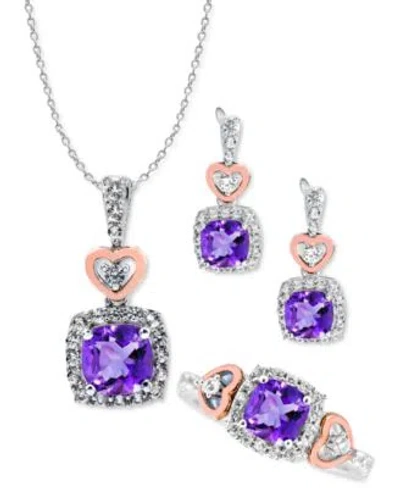 Macy's Amethyst White Topaz Heart Jewelry Collection In Sterling Silver 14k Rose Gold Plate In Medium Purple