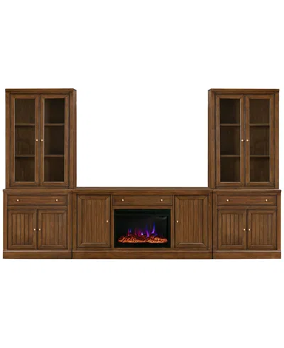 Macy's Amren 65" 2 Door Console And 2 Door Hutches With 2 Door Bases With Drawers And Fireplace Insert In Brown