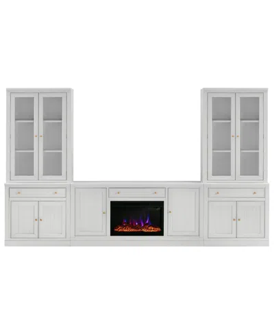 Macy's Amren 65" 2 Door Console And 2 Door Hutches With 2 Door Bases With Drawers And Fireplace Insert In White