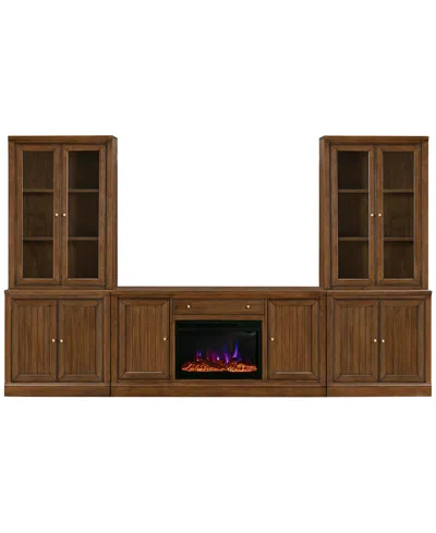 Macy's Furniture Amren 65" Wood 2 Door Console With 2 Door Hutches And 2 Door Bases With Fireplace Insert In Brown