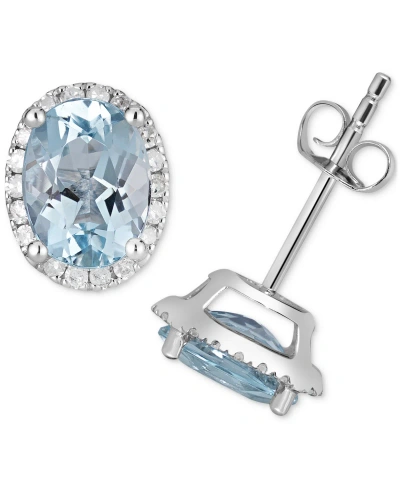 Macy's Aquamarine (1-1/3 Ct. T.w.) & Diamond (1/6 Ct. T.w.) Oval Halo Stud Earrings In 14k White Gold