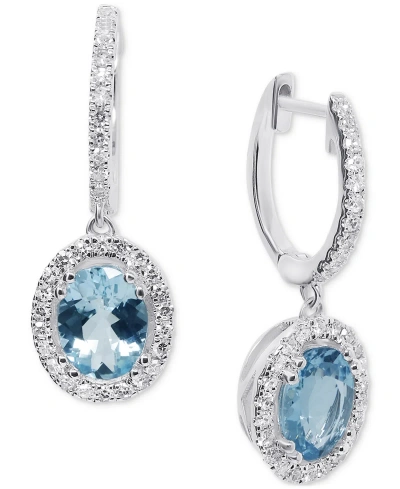 Macy's Aquamarine (1-3/4 Ct. T.w.) & Diamond (3/8 Ct. T.w.) Oval Halo Dangle Hoop Drop Earrings In 14k Whit