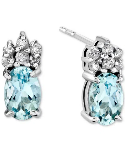 Macy's Aquamarine (3/4 Ct. T.w.) & Diamond (1/10 Ct. T.w.) Oval Cluster Stud Earrings In 14k White Gold