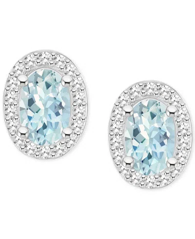 Macy's Aquamarine (3/4 Ct. T.w.) & Diamond (1/6 Ct. T.w.) Oval Halo Stud Earrings In Sterling Silver (also