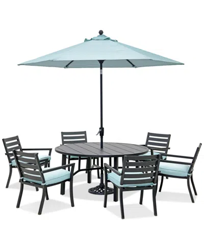 Macy's Astaire Outdoor 7-pc Dining Set (60" Round Table + 6 Dining Chairs), Created For  In Spa Light Blue