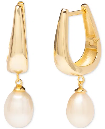 Macy's Baroque Cultured Freshwater Pearl (7x9mm) Charm Oval Hoop Earrings In 18k Gold-plated Sterling Silve