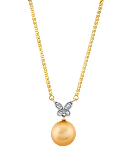 Macy's Baroque Cultured Golden South Sea Pearl (11mm) & Diamond Accent Butterfly 16" Pendant Necklace In 14