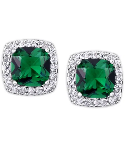 Macy's Birthstone Cushion Halo Solitaire Stud Earrings In Silver Plate In May,simulated Emerald