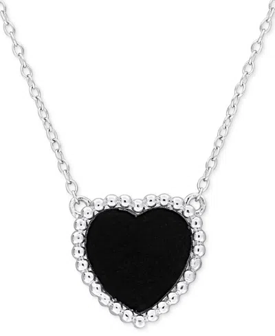 Macy's Black Agate (5 Ct. T.w.) Heart Bead Frame 17" Pendant Necklace In Sterling Silver