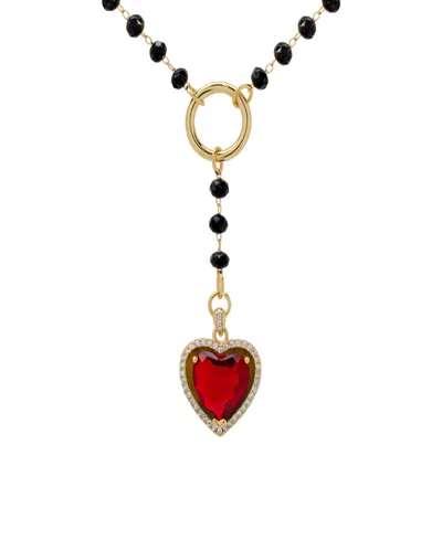 Macy's Black Bead And Red Cubic Zirconia Heart 'y' Necklace In Gold