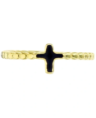 Macy's Black Enamel Beaded Cross Ring In 14k Gold-plated Sterling Silver