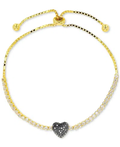 Macy's Black Spinel (1/3 Ct. T.w.) & White Zircon (1-1/2 Ct. T.w.) Heart Bolo Bracelet In 14k Gold-plated S