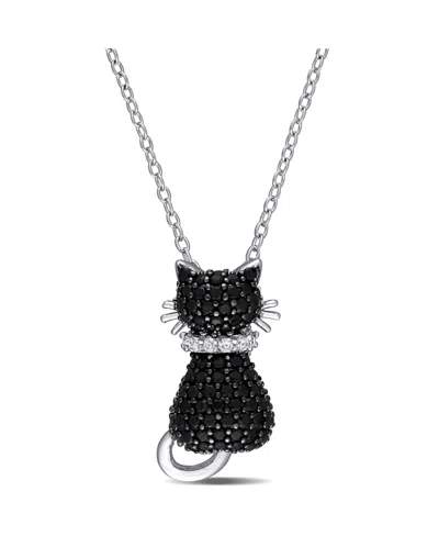 Macy's Black Spinel (2 1/3 Ct. T.w.) And Lab Grown White Sapphire Accent Kitty Cat Necklace In Sterling Sil