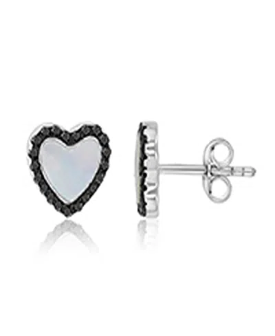 Macy's Black Spinel And Imitation Pearl Heart Stud Earrings In Black Rhodium Over Sterling Silver In Red