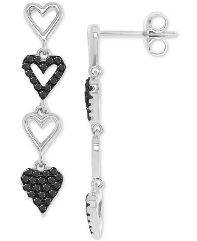 Macy's Black Spinel & Polished Heart Linear Drop Earrings (3/8 Ct. T.w.) In Sterling Silver