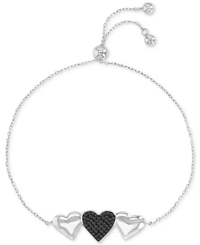 Macy's Black Spinel & Polished Hearts Chain Link Bolo Bracelet (3/8 Ct. T.w.) In Sterling Silver