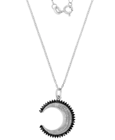 Macy's Black Spinel Crescent Moon Pendant Necklace (1/3 Ct. T.w.) In Sterling Silver, 16" + 2" Extender (al