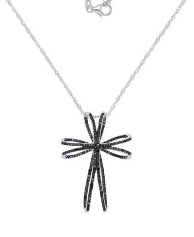 Macy's Black Spinel Double Openwork Cross Pendant Necklace In Sterling Silver In Rhodium