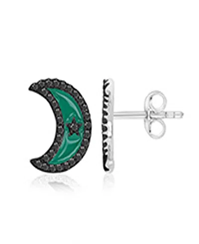 Macy's Black Spinel Half Moon Stud Earrings In Rhodium Over Sterling Silver In Pattern