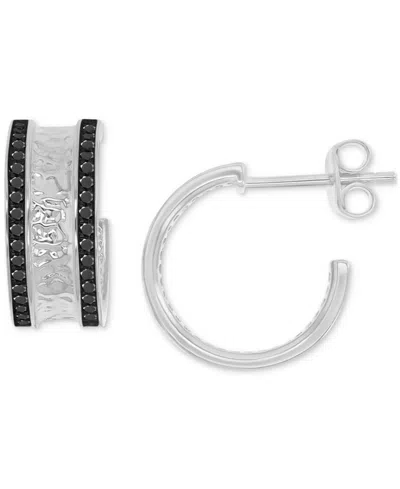 Macy's Black Spinel Hammered Texture Small Hoop Earrings (3/4 Ct. T.w.) In Sterling Silver, 0.55"