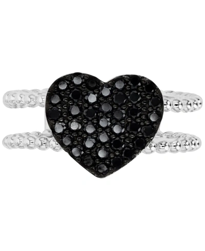 Macy's Black Spinel Heart Double Band Ring (3/4 Ct. T.w.) In Sterling Silver