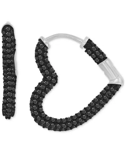 Macy's Black Spinel Heart Small Hoop Earrings (2-1/2 Ct. T.w.) In Sterling Silver, 0.87"