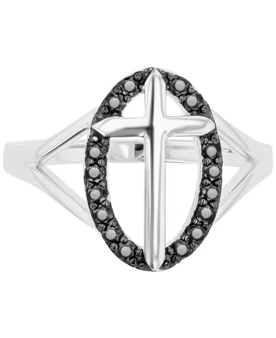 Macy's Black Spinel Oval Halo Cross Ring (1/3 Ct. T.w.) In Sterling Silver