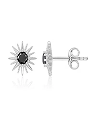 Macy's Black Spinel Starburst Stud Earrings In Rhodium Over Sterling Silver