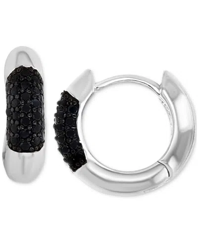 Macy's Black Spinel Wide Width Small Huggie Hoop Earrings (1/2 Ct. T.w.) In Sterling Silver, 0.55"