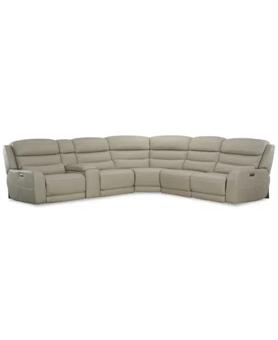 Macy's Blairesville 6-pc. Leather L Sectional With 3 Power Motion Chairs & 1 Console In Ivory