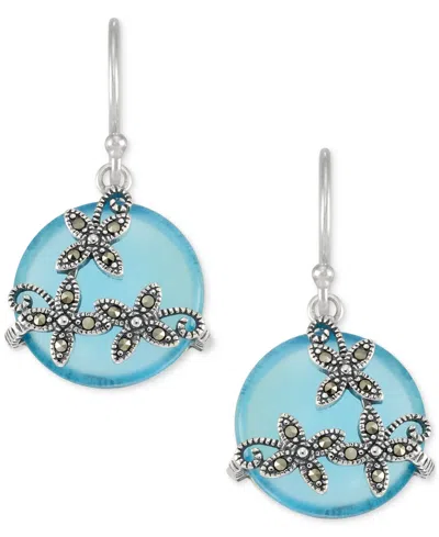 Macy's Blue Agate & Marcasite Flower Disc Drop Earrings In Sterling Silver
