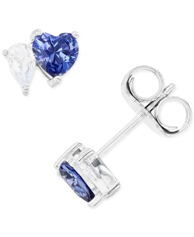Macy's Blue And White Cubic Zirconia Heart Stud Earrings In Sterling Silver Or 14k Gold Over Sterling Silve