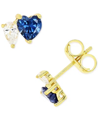 Macy's Blue And White Cubic Zirconia Heart Stud Earrings In Sterling Silver Or 14k Gold Over Sterling Silve
