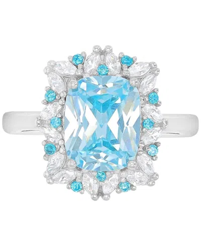 Macy's Blue & White Cubic Zirconia Mixed Cut Halo Ring In Sterling Silver In Rhodium