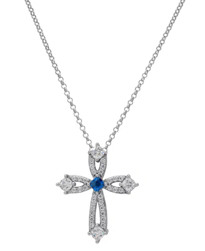 Macy's Blue Spinel (1/20 Ct. T.w.) & Lab Grown White Sapphire (1-1/3 Ct. T.w.) Open Cross 18" Pendant Neckl In Silver